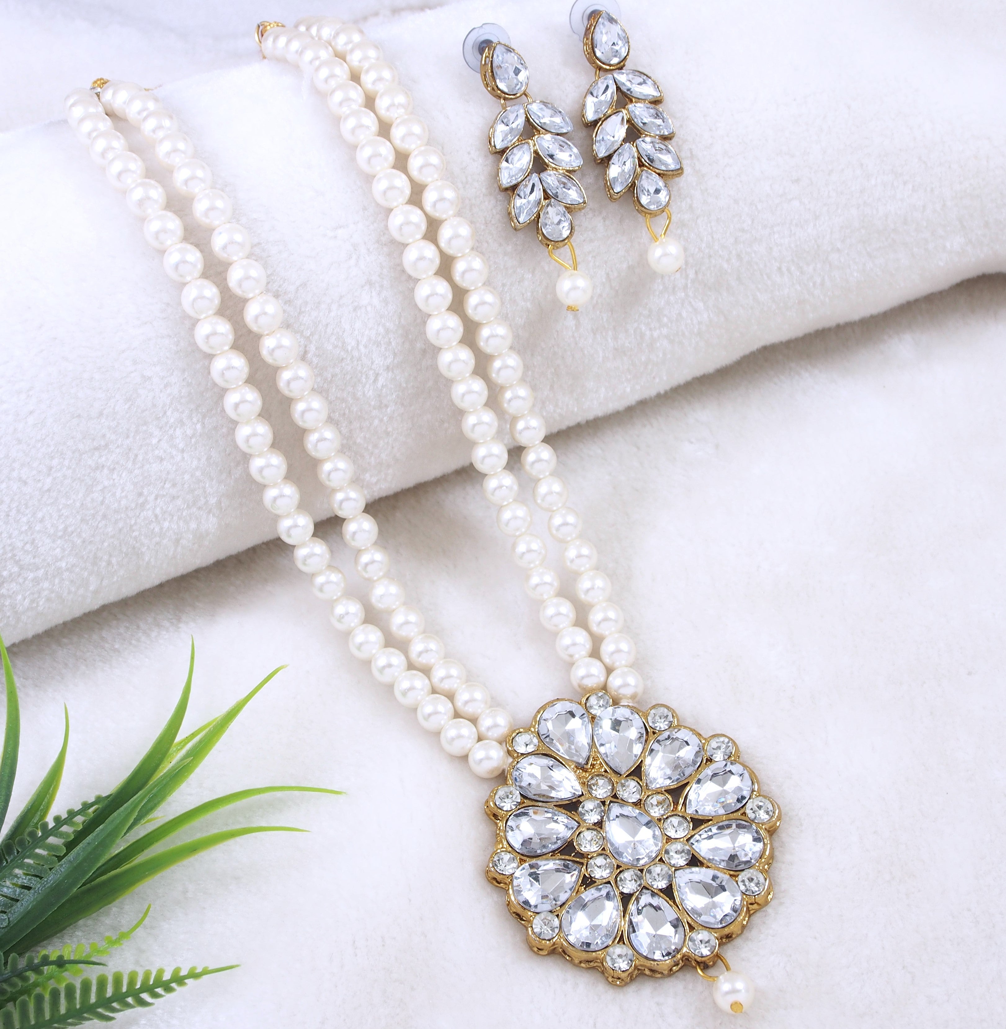 Double Layer Beaded Necklace Set with Stone Studded Pendant & Matching Earrings – Traditional Jewellery